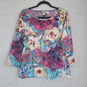 Y2K Take Two Womens XL 3/4 Sleeve Top Flower Fairy Graphic Print Sequin Colorful